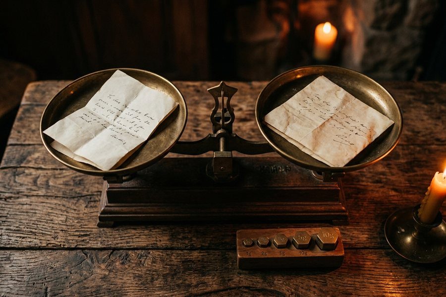 Timbangan pasar dengan dua kertas tawaran di atas meja kayu
