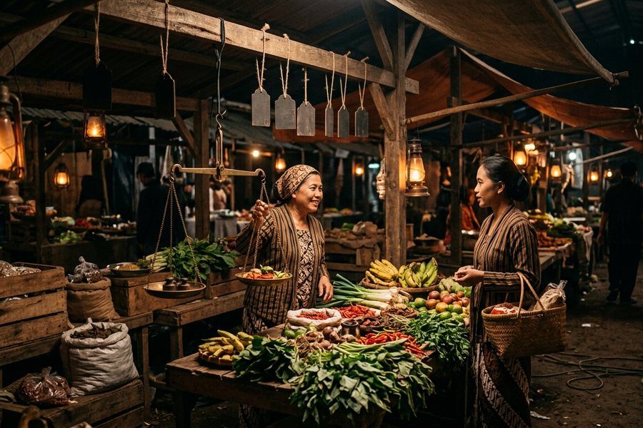 Pembeli dan pedagang bertransaksi di kios pasar tradisional Indonesia dengan lampu hangat